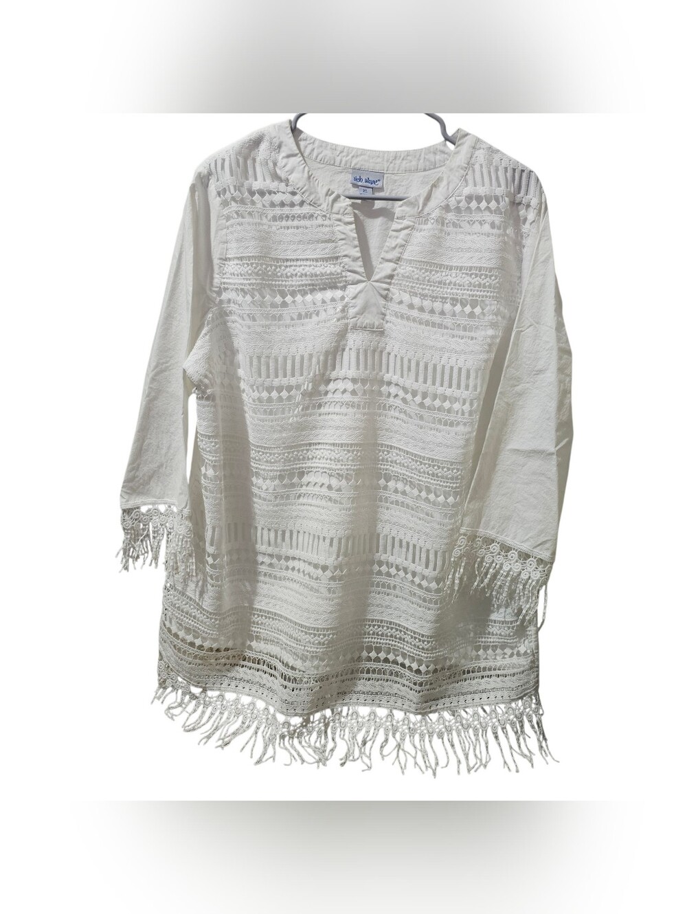 Vicki Wayne White Crochet Lace Boho Tunic Top Women's Size XL Fringe Knit Cutout